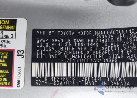 2010 Toyota Corolla Le z USA, uszkodzony, nr VIN 2T1BU4EE4AC431389